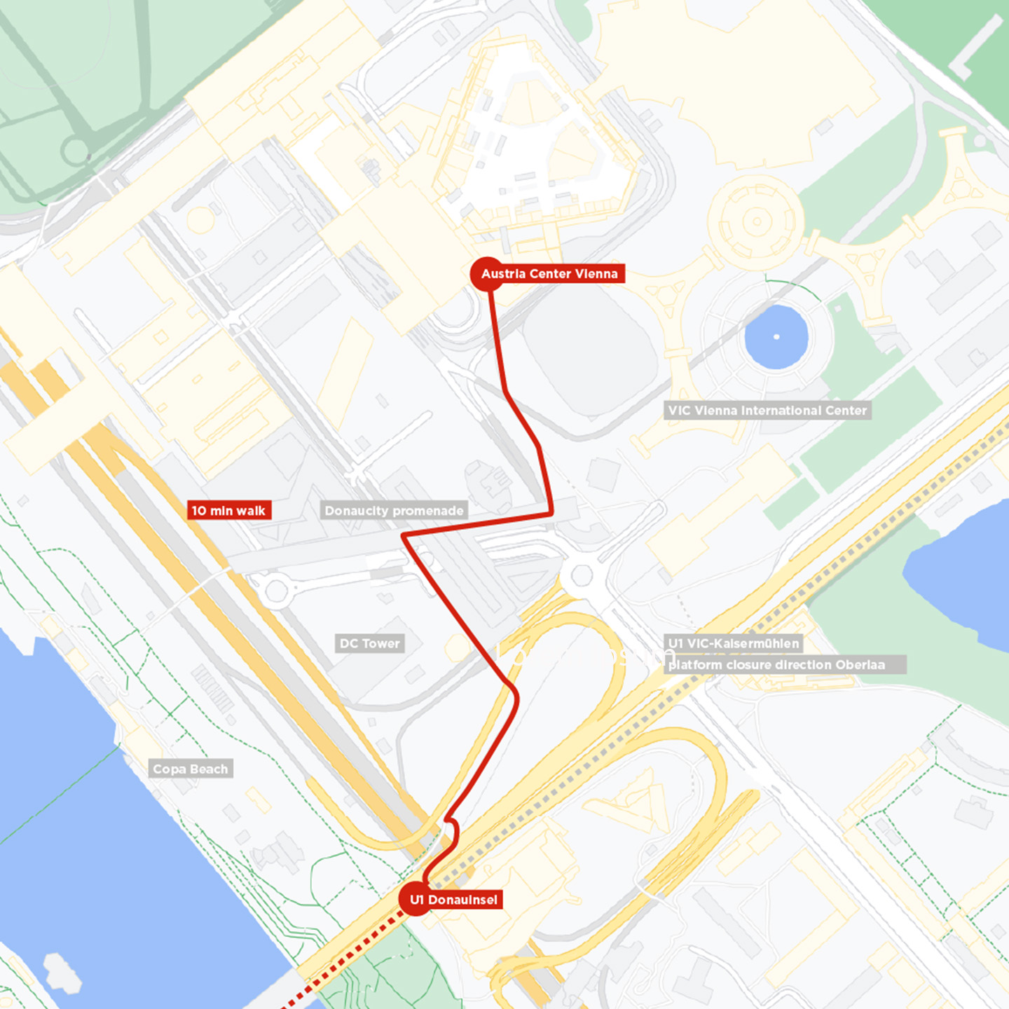 Map: How to get from Austria Center Vienna to IZD Tower