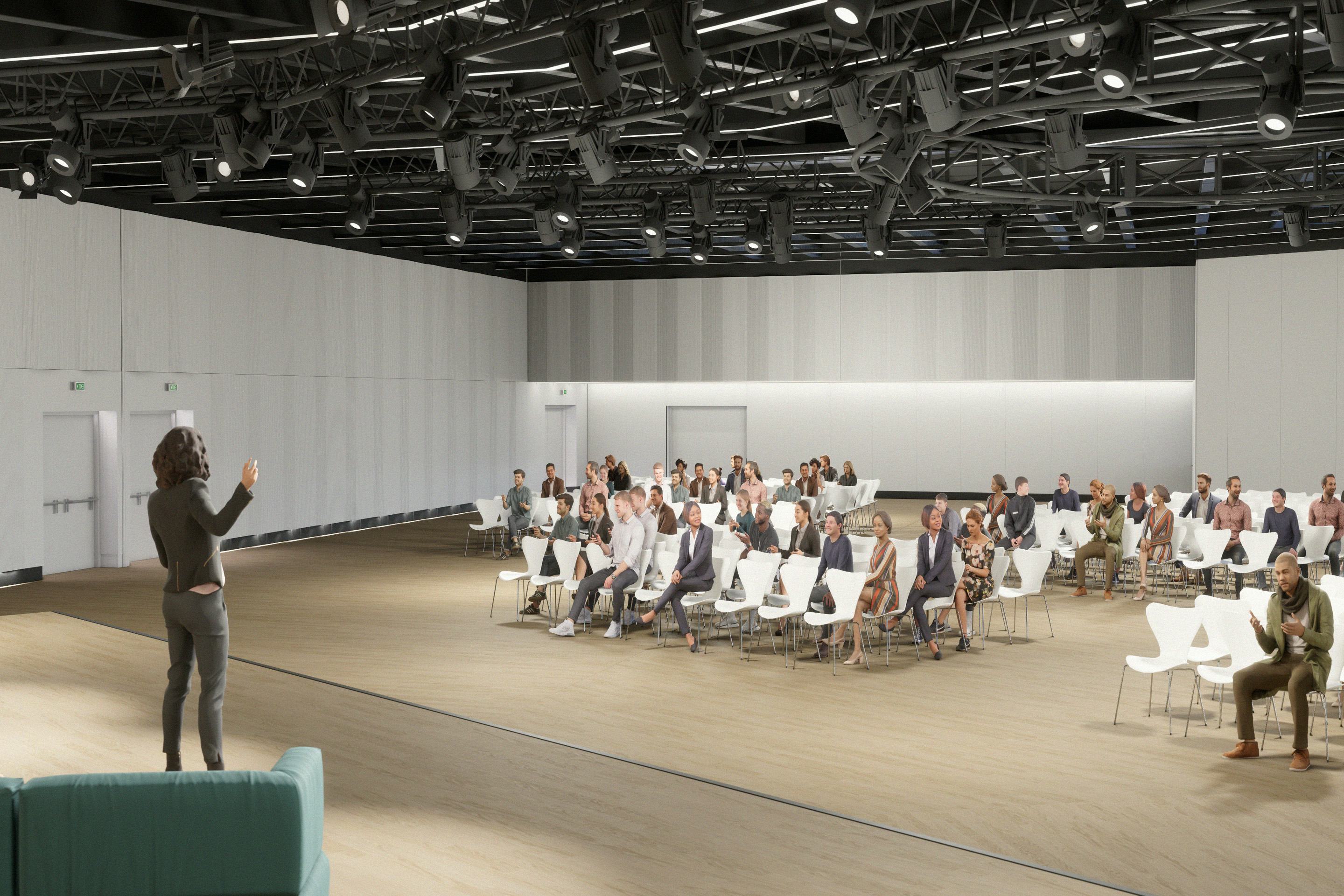 Rendering Bild zeigt Vortragsraum mit dunkler Decke, Leinwand mit Buehne, Sitzreihen sowie Vortragende und Gaeste