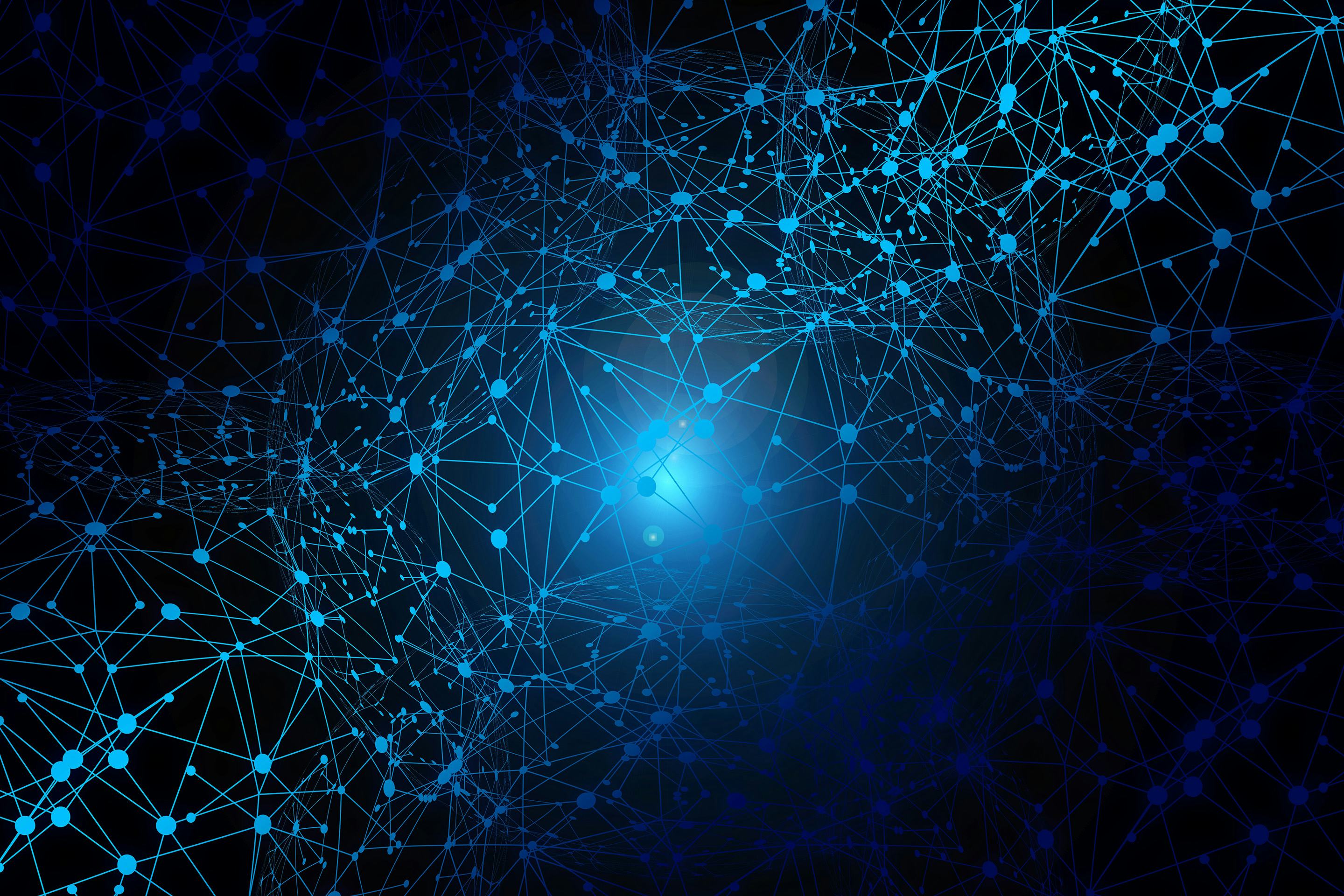 Grafik: abstraktes Netzwerk in blau auf dunklen Hintergrund