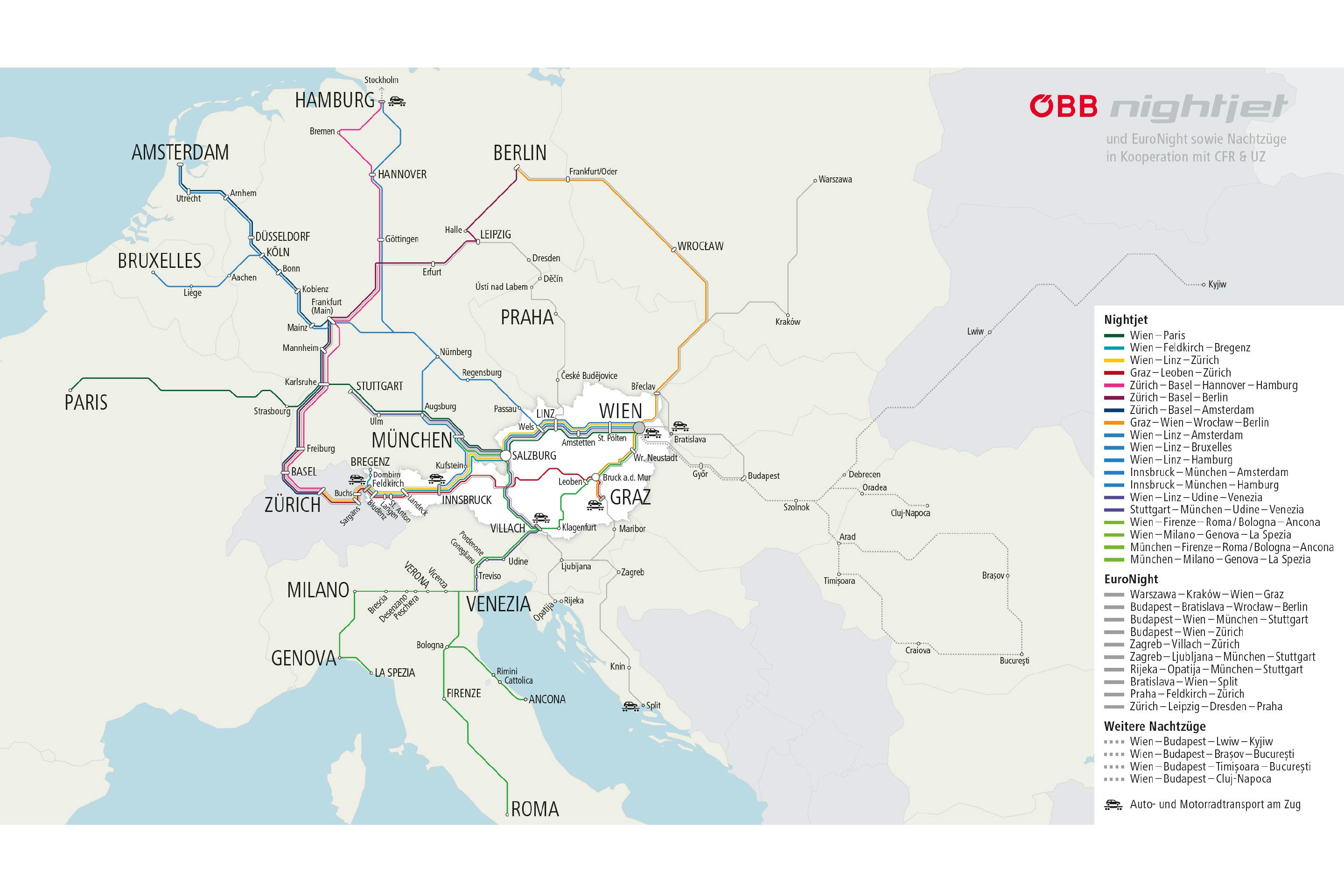 Karte Europas mit Nachtzugverbindungen in viele andere Staedte Europas